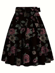 Floral Print High Waist Skirt, Elegant Belted Flared Midi Skirt, Women's Clothing