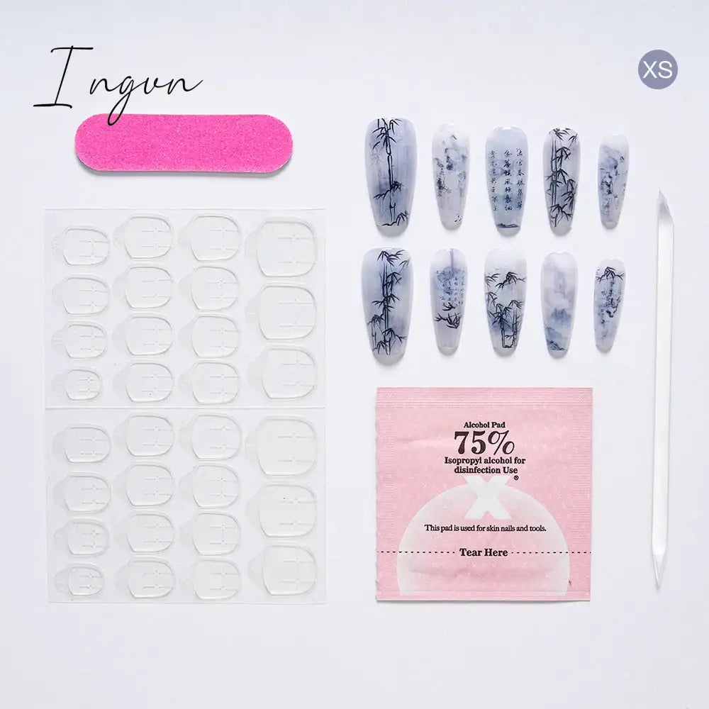10PCS Chinese Style Fake Nails with Glue Sfumato Ink Long Nails Set Press on Acrylic Stick on False Nails Art