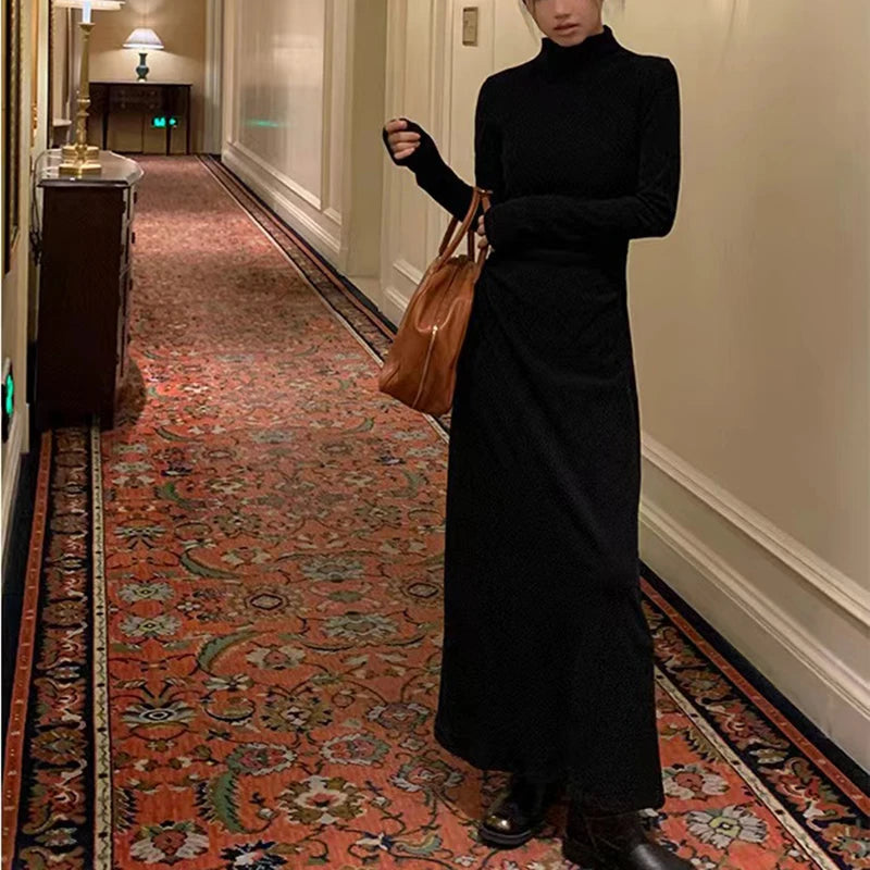 Autumn Half Turtleneck Dress Women Korean Elegant Black Hepburn Style Midi Dress Y2K High Waist Long Sleeve Warm A Line Vestidos