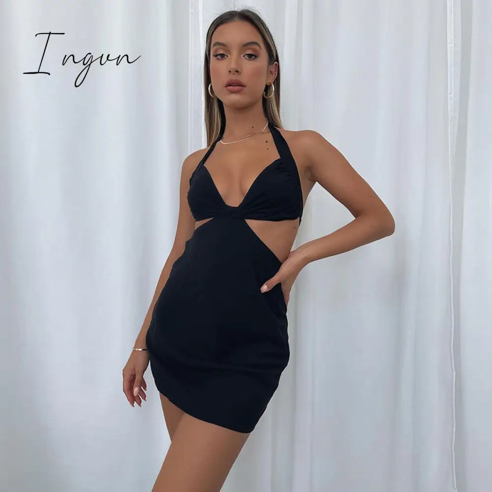 Ingvn - Halter Hollow Out Dress Women Bandage Slim Strapless Bodycon Dress Sexy Mini Backless Summer Party Dresses