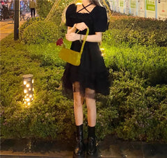 Ingvn - New Gothic Women Black Fairy Party Dress Cross Square Collar Lolita Princess Irregular Dress Cute Kawaii Lace Ruffles Chic Dress