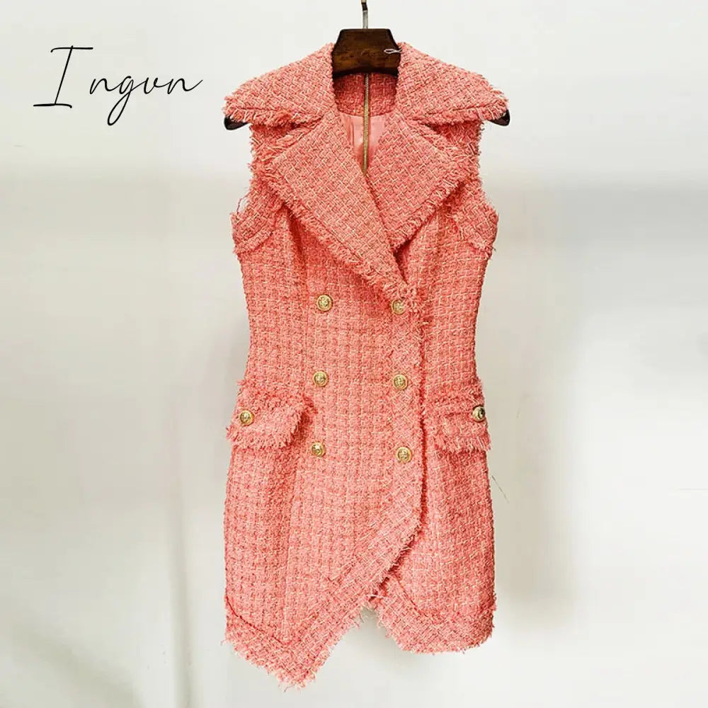 Ingvn - HIGH QUALITY Newest 2023 Fall Winter Designer Fashion Women Sleeveless Fringed Tweed Notched Lapel Asymmetrical Dress