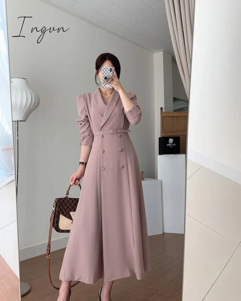 Ingvn - New French Spring Elegant Double Breasted Belted Sashes Women Suit Dress Autumn Office Long Sleeve Slim Waist Female Dress