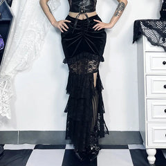Gothic Folding Fishtail Multi-layer Splicing Split Skirt Woman Velvet High Waist Lace Patchwork Punk Mermaid Skirts