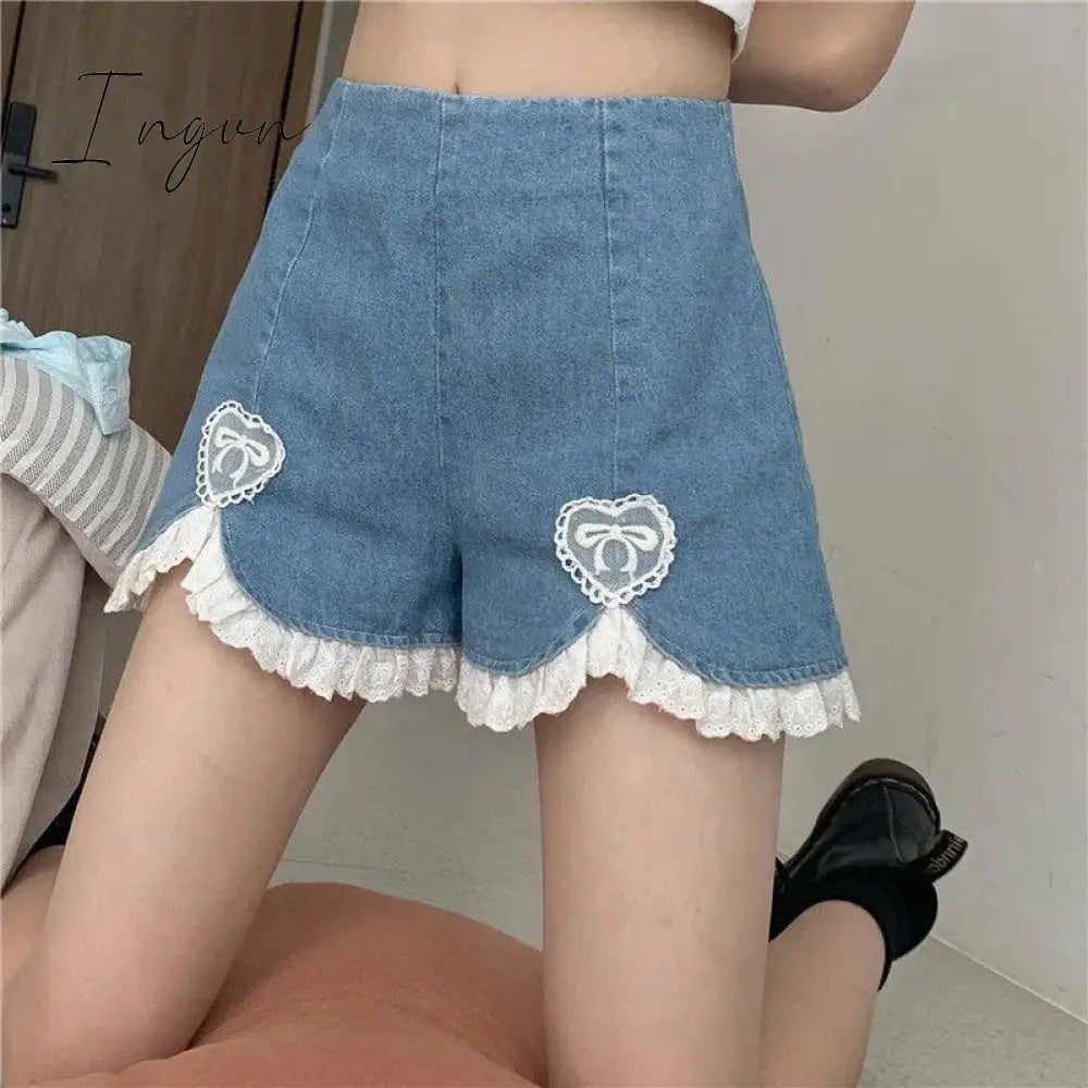 Ingvn - Summer Outfits Trends Cute Lolita Girls Denim Shorts Japanese Sweet High Waist Lace Irregular Women's Shorts S-4XL Summer Kawaii Sexy Blue Shorts