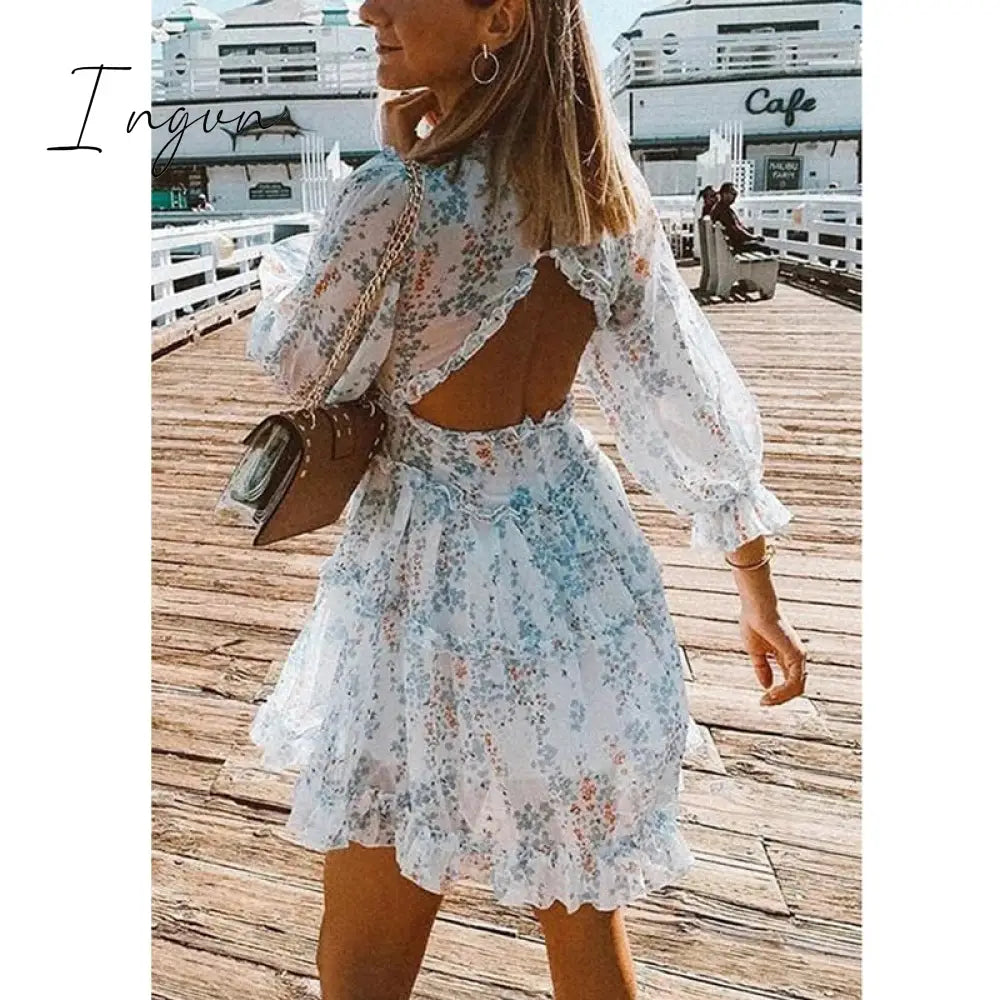 Ingvn - Harlow Floral Print Ruffle Dress women backless V-neck dress women mini summer dress ladies party dress