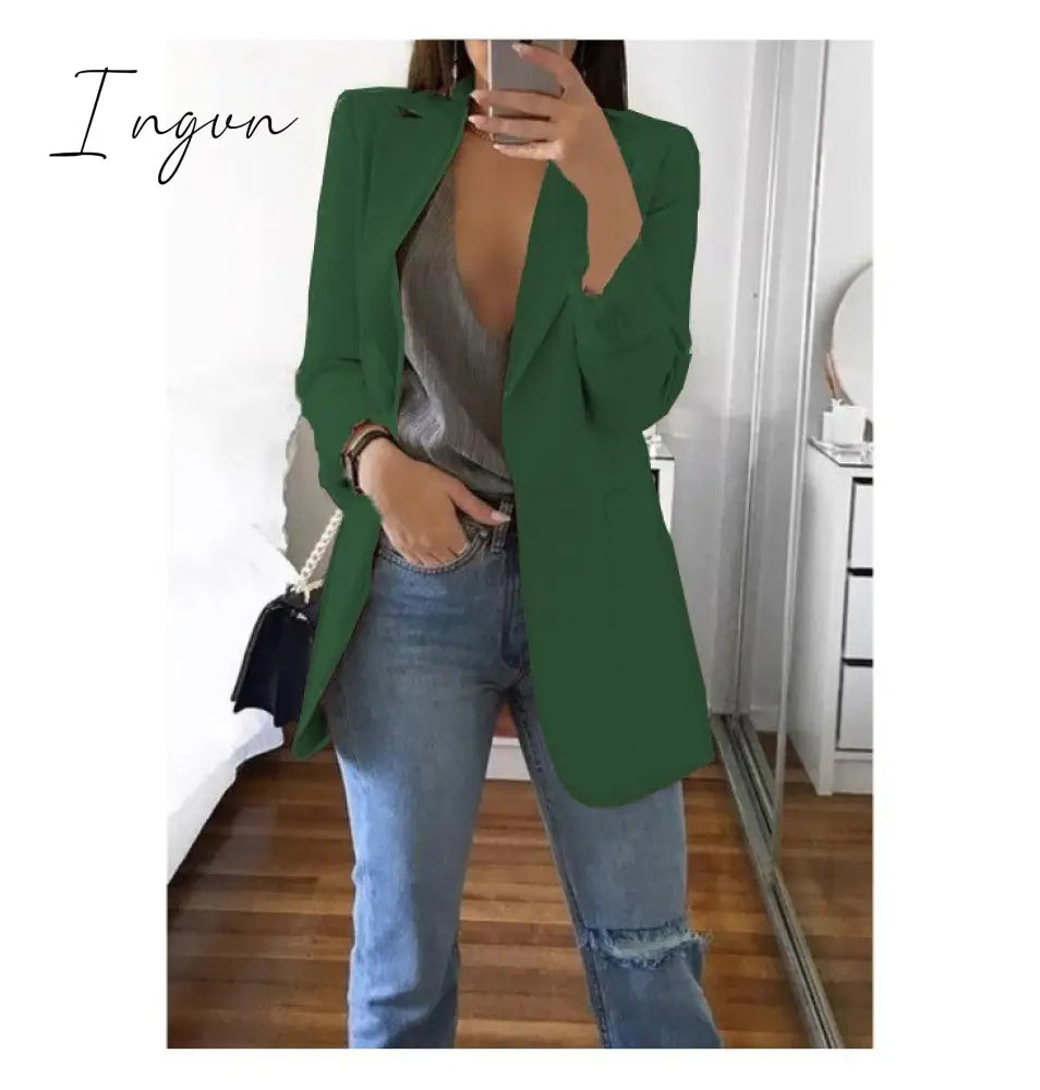 Ingvn - Fashion Korean Casual Women's Blazer Spring Autumn Long Blazer Women Suit Outwear Slim Coats Office Ladies Blazer Work Jacket