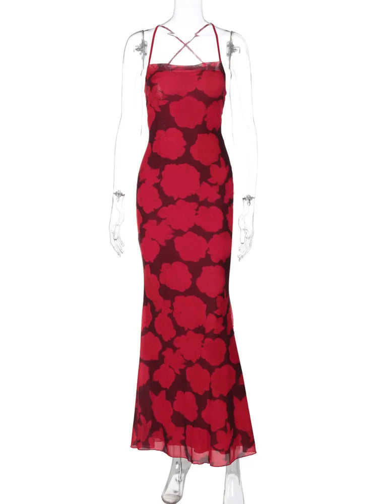 Spaghetti Strap Print Sexy Maxi Dress For Women Gown Summer New Sleeveless Backless High Waist Club Long Dress Elegant