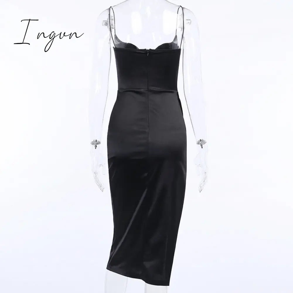 Ingvn - Summer Dresses For Women Sexy Black Satin Spaghetti Straps Low Cut Long Dress Women Summer Ruched Side High Split Maxi Dress Elegant Party Club