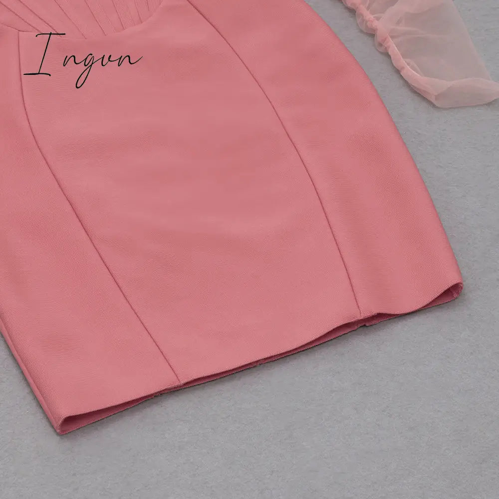 Ingvn - Fashion Trends Summer Women Sexy Off Shoulder Long Sleeve Backless Mesh Pink Mini Bodycon Bandage Dress Elegant Evening Club Party Dress