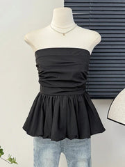 French One Shoulder Pleated Slim Tube Top Women Sexy Waist Ruffled Sleeveless Vests Summer Y2k Solid All Match Tanks