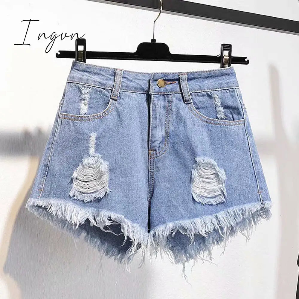 Ingvn - Casual High Waist Denim Shorts Women Summer  Pocket Tassel Hole Ripped jeans Short Female Femme Short Pants Women