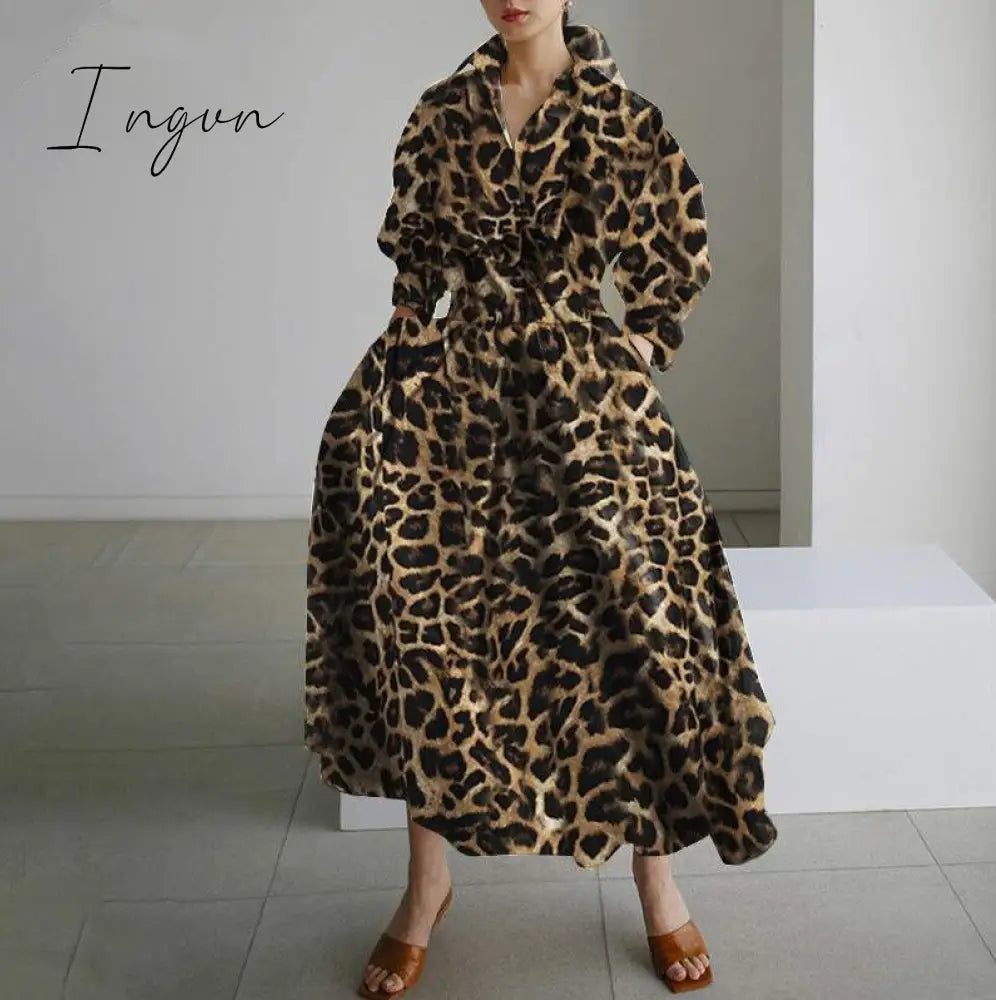 Ingvn - Elegant Women Spring Autumn Sundress Fashion Lapel Neck Long Sleeve Solid Long Shirt Dress OL Vestidos Robe Femme 5XL Long Dress