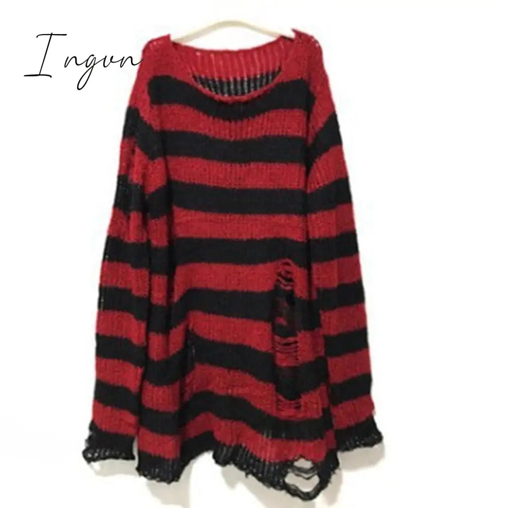 Ingvn - Halloween 200 Gothic Knitted Sweater Women Long Pullovers Striped Loose Winter Ripped Plus Size Sweaters Jumpers Mujer Jersey