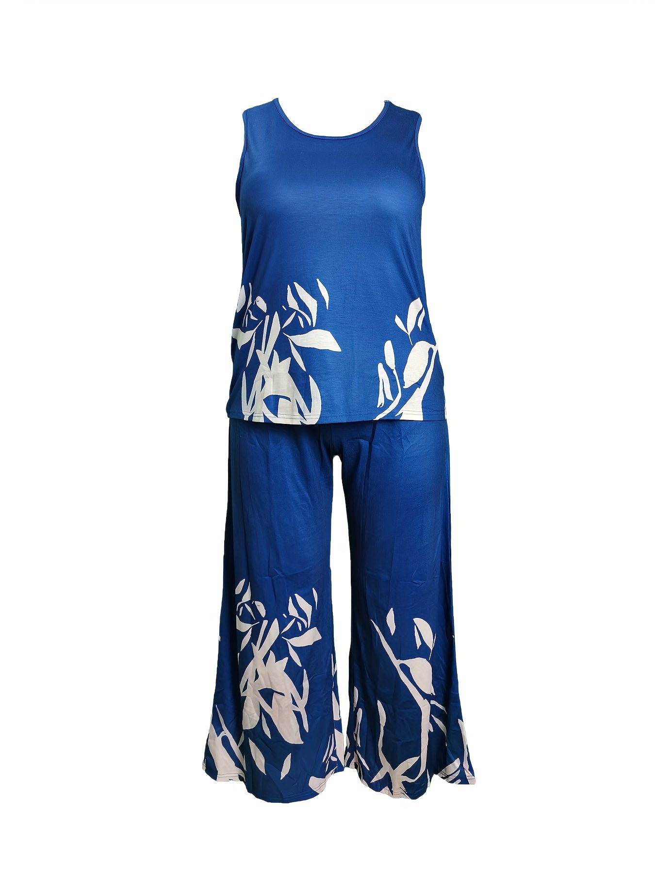 Plus Size Casual Outfits Two Piece Set, Women's Plus Colorblock Stripe Print Round Neck Slight Stretch Tank Top & Pants Outfits 2 Piece Set
