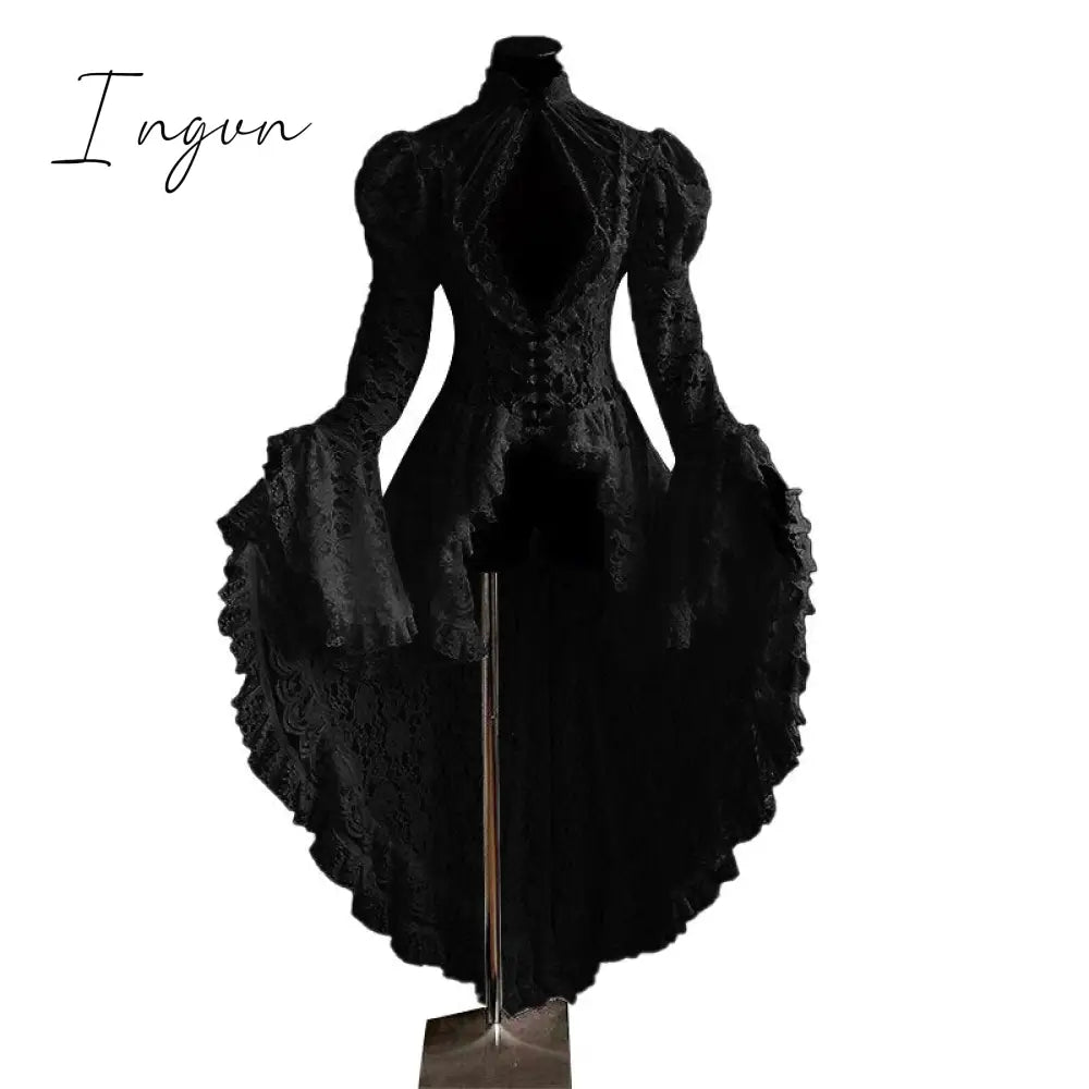 Ingvn - Ladies Summer Fall Winter Vestidos Y2k Gothic Lace Middle Ages Noble Dress Women Slim Goth Midi Long Flare Sleeve Dresses