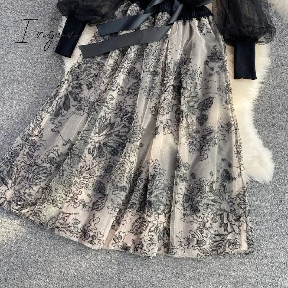 Ingvn - Elegant Mesh Knitted Stitching Dress Women Vintage Puff Sleeve Round Neck A Line Party Dresses Ladies Bandage Printing Dress