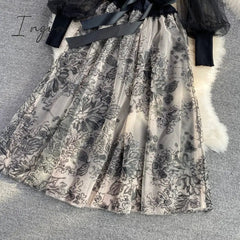 Ingvn - Elegant Mesh Knitted Stitching Dress Women Vintage Puff Sleeve Round Neck A Line Party Dresses Ladies Bandage Printing Dress