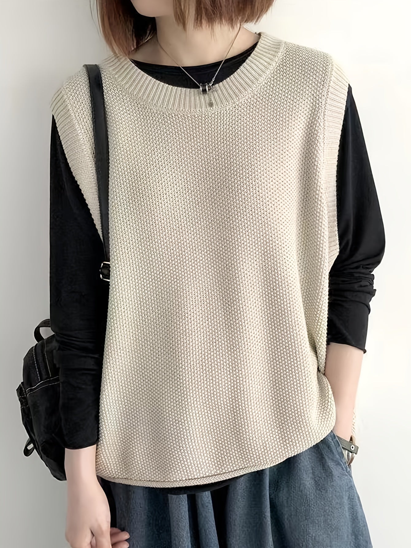 Women's Casual Solid Crew Neck Knitted Sleeveless Loose Fit Vest Sweater, Soft and Cozy Winter Clothing