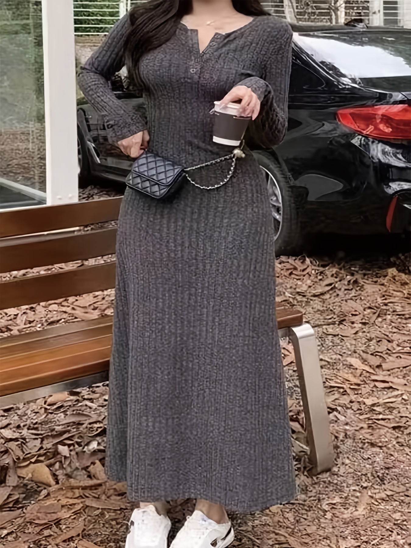 [Long Sleeve Fall Dress] Ribbed V Neck Dress, Casual Long Sleeve Dress For Fall & Winter, Women's Clothing