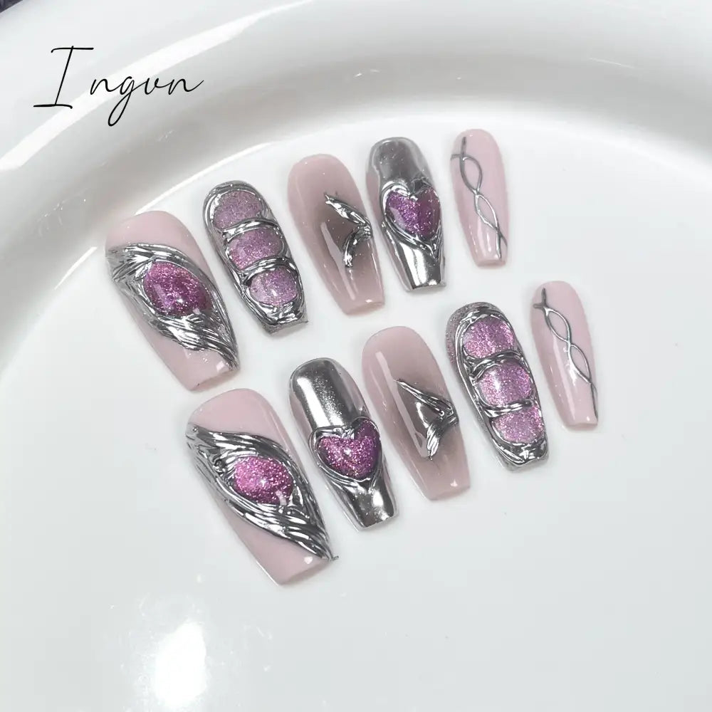 10Pcs Black Handmade Press On Nails Coffin Fake Nails Full Cover Gradient Metal Contrast Artificial Manicure Wearable Nail Tips