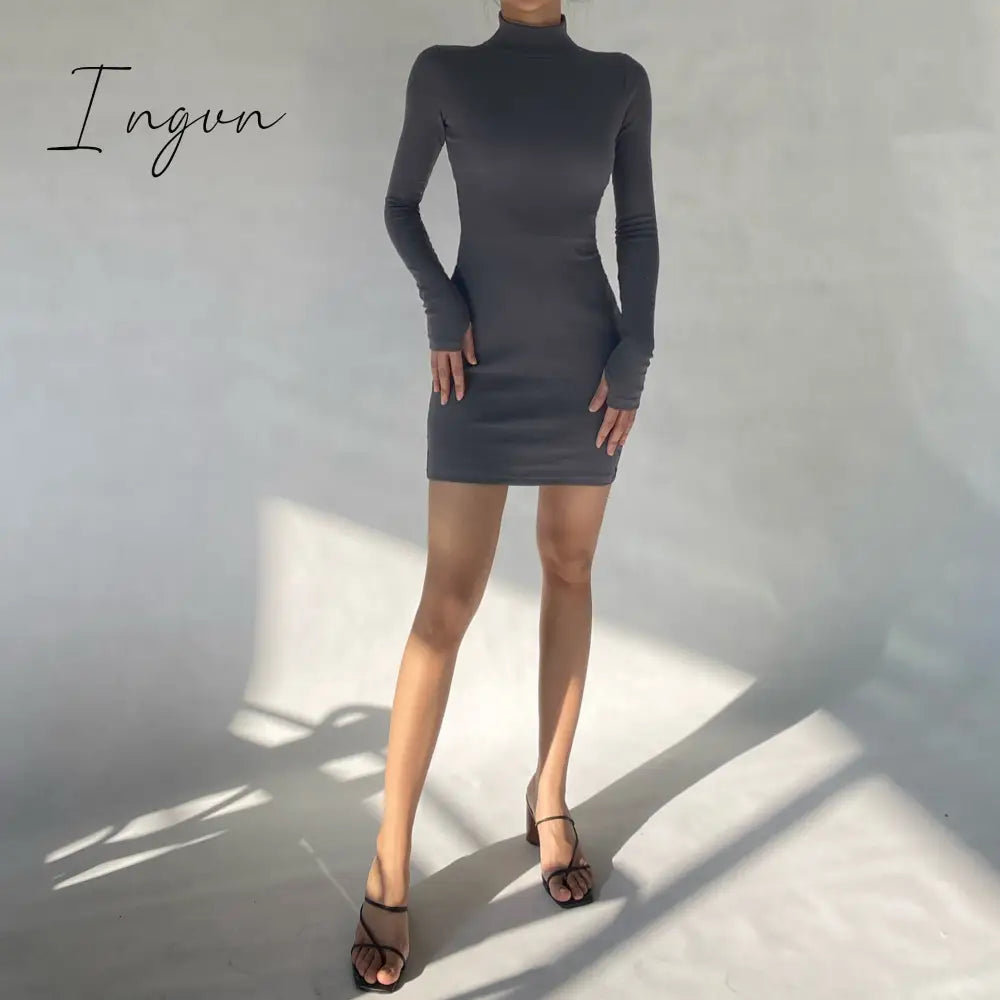 Ingvn - Autumn Fashion Sexy Solid Turtleneck Skinny Mini Dress Women Rib Knit Keep Warm Long Sleeve Slim Dress Streetwear