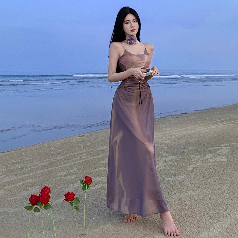 New Summer Casual Midi Dress for Women Slim Sleeveless Backless Vestido Fashion Elegant Holiday Beach Dresses Female Clothes