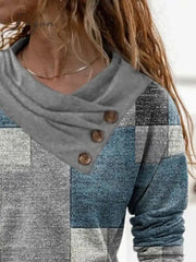 Ingvn - Women's T shirt Tee Red Navy Blue Blue Geometric Abstract Button Print Long Sleeve Casual Weekend Basic Pile Neck V Neck Geometric Painting