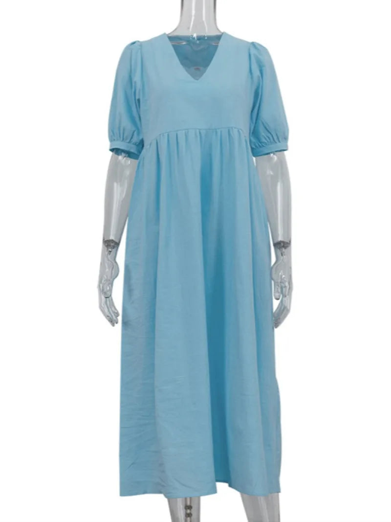 Ingvn  Casual Loose Women V-neck Short Sleeve High Waist Blue Long Dresses  Female Elegant Solid Holiday Party Dress Streetwear