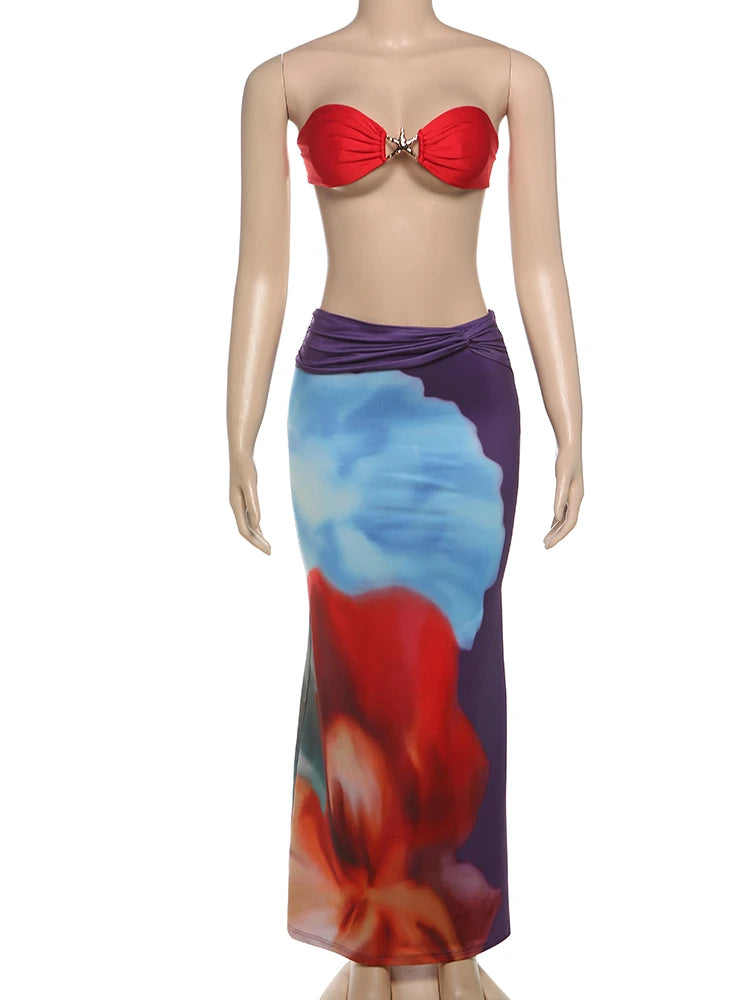 Colorful Beach Sexy 2 Piece Set Women Swimsuit Starfish Buckle Tube Tops+Ruched Belt Skirts Matching Midnight Clubwear