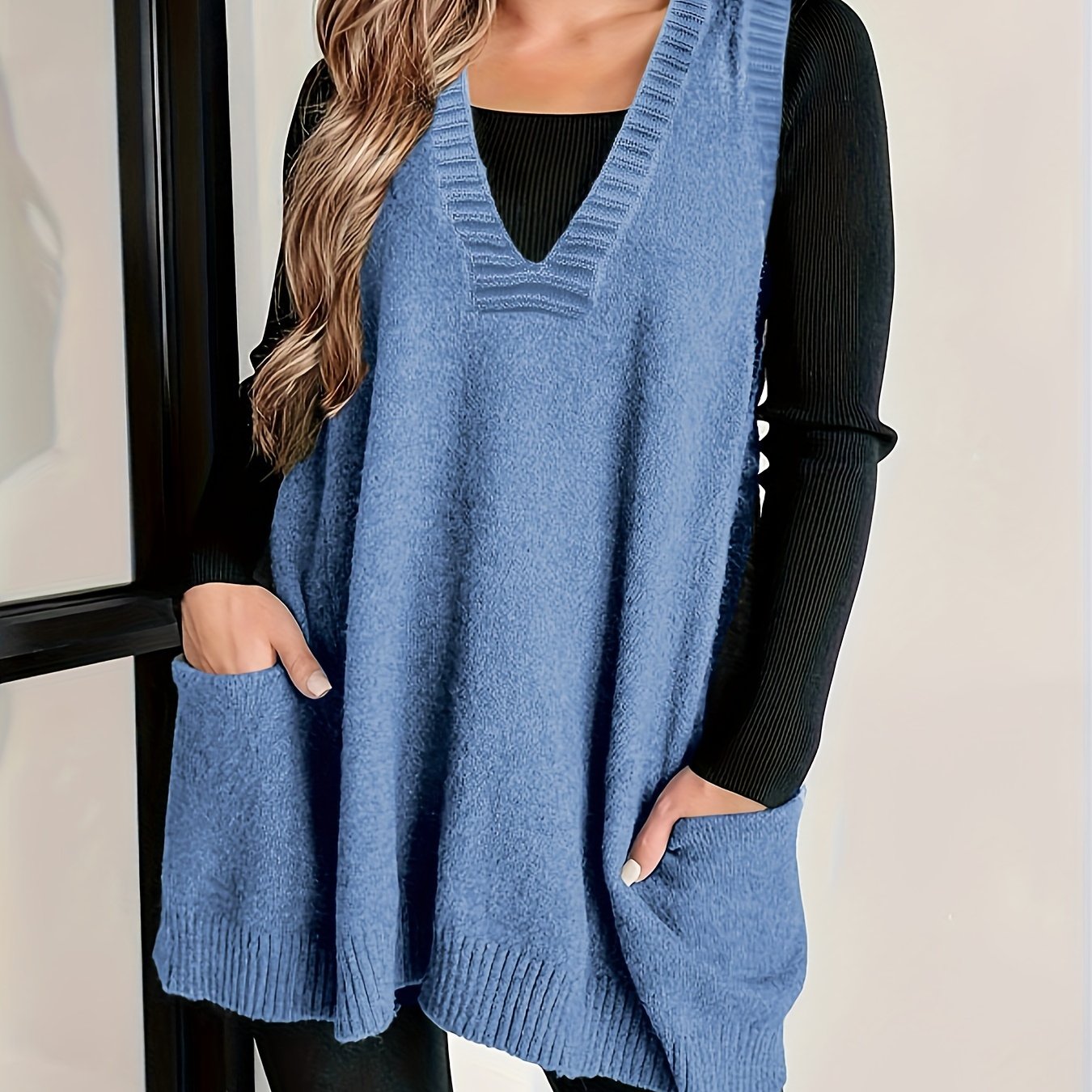 Plus Size Solid Knit Sweater Vest, Casual V Neck Sleeveless Sweater For Fall & Winter, Women's Plus Size Clothing