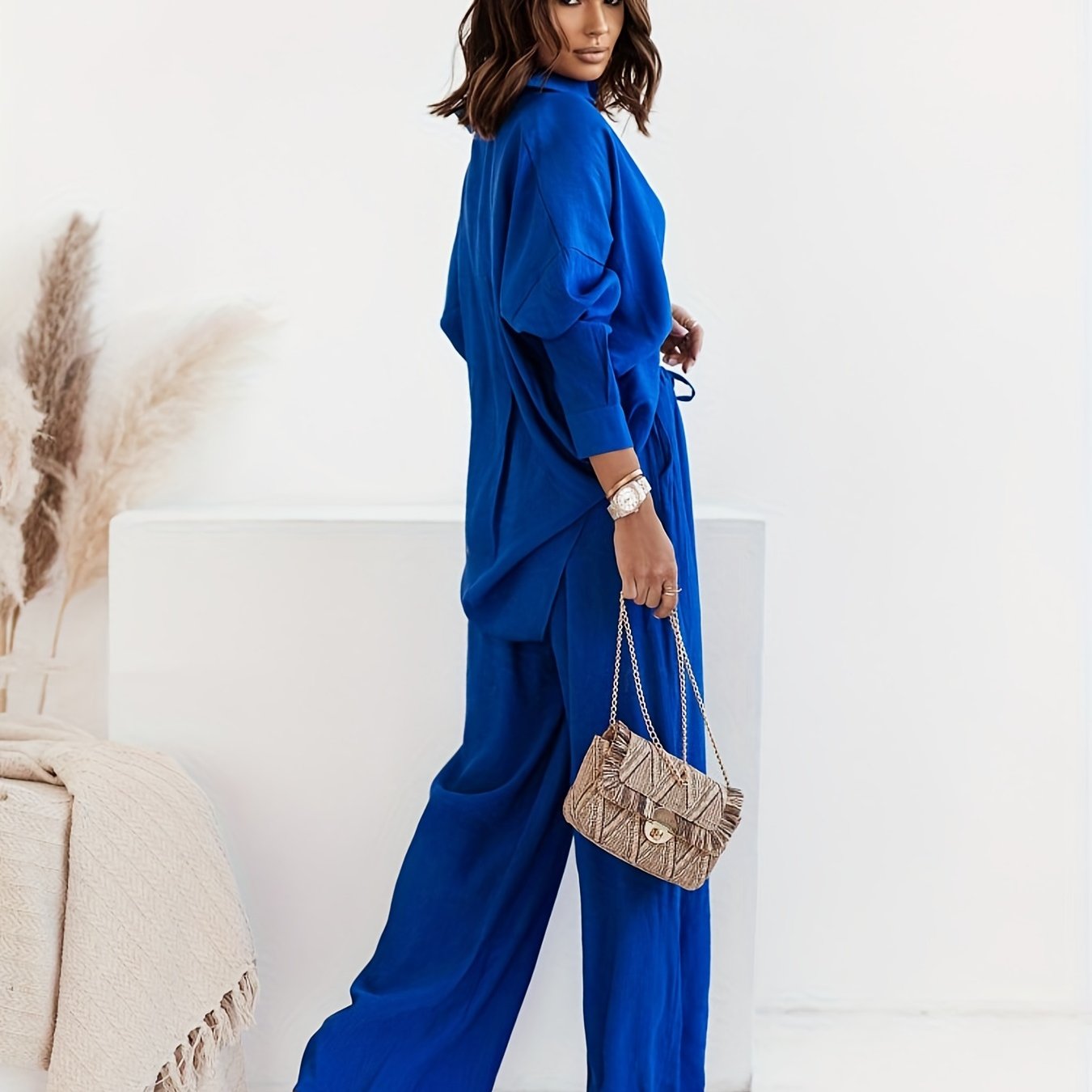 Two-Piece Chic Pantsuit Set - Women's Solid Casual Outfit with Button Front Turn Down Collar Shirt and High Waist Wide Leg Pants - Comfortable and Elegant Clothing for Everyday Wear