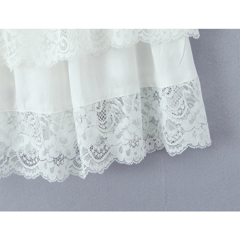 Sexy Sweet Women Lace Spliced White Sling Mini Dress Layers Cake Hem A-line Short Summer Dress Holiday Robe Cotton