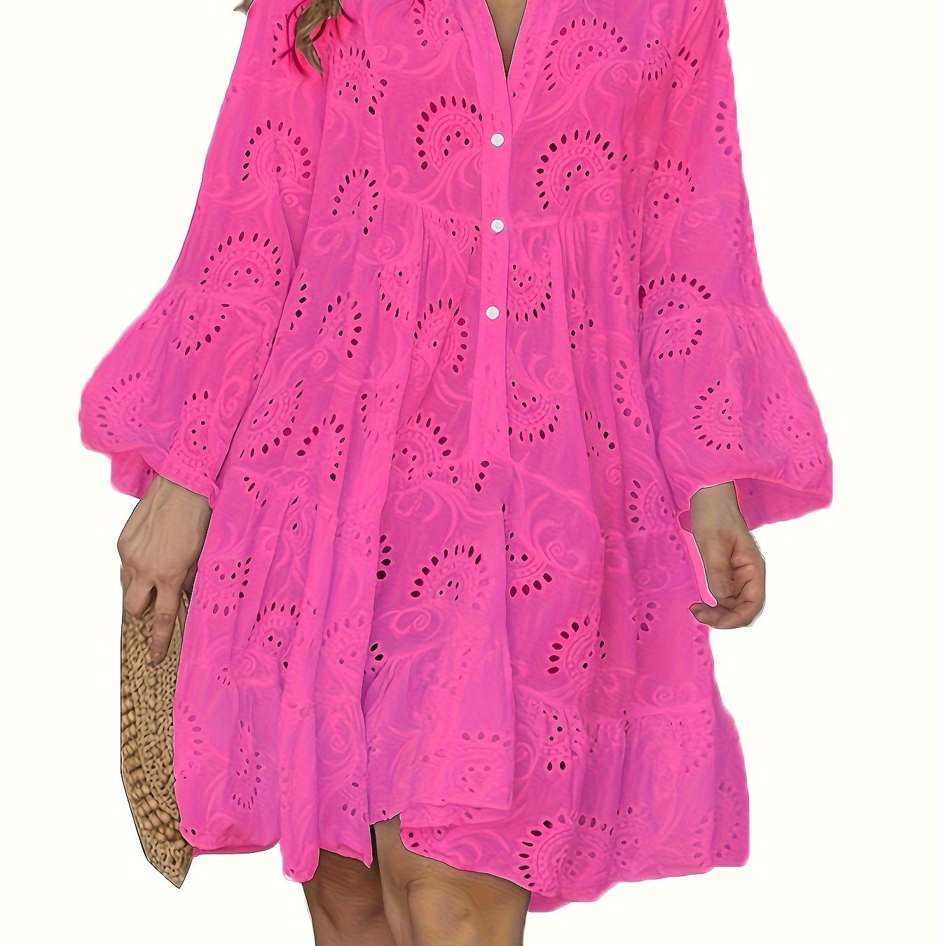 Elegant V Neck Hollow Ruffle Hem Flared Sleeve Dress, Women's Solid Wedding Clothing