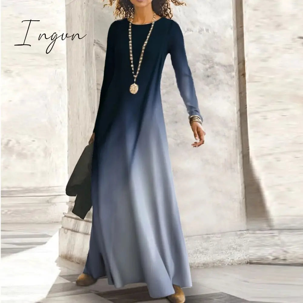 Ingvn - Fashion Shiny Long Office Lady Party Dress Women Vintage Round Neck Long Sleeve Maxi Dress Autumn Slim Boho Spring Dresses