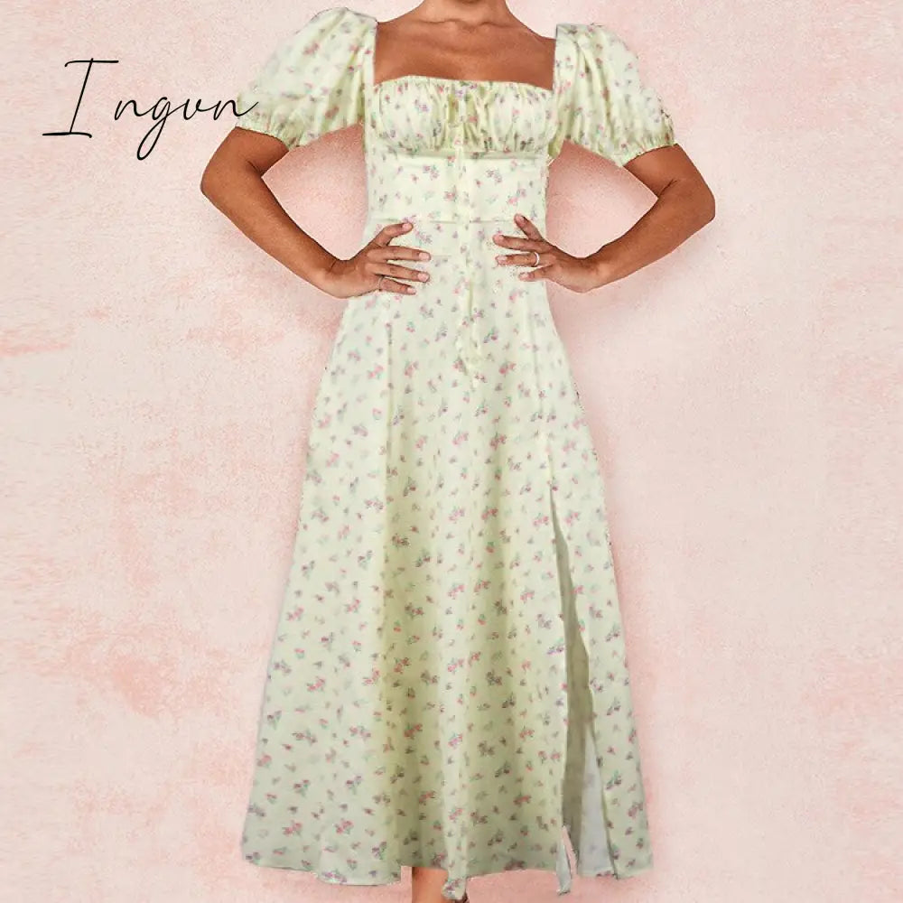 Ingvn - Summer Women's Wear, Bohemian Style Bubble Sleeve Floral Split Long Dress, High Waist Sexy Party Elegant Bandage Dress
