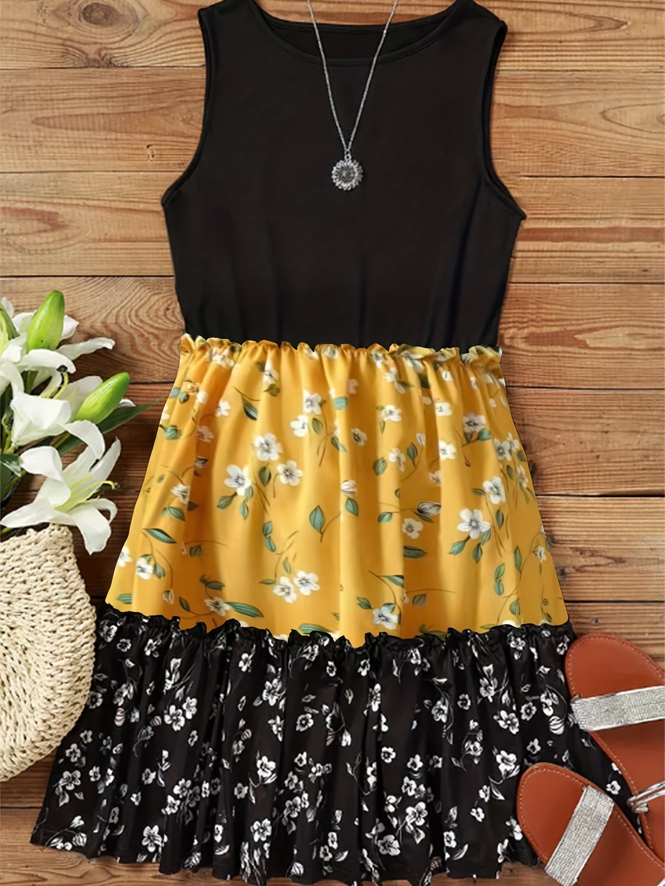 Boho Chic Floral Print Tank Dress - Color Block Crew Neck - Flowy Sleeveless for Summer - Fashionable Womens Clothing