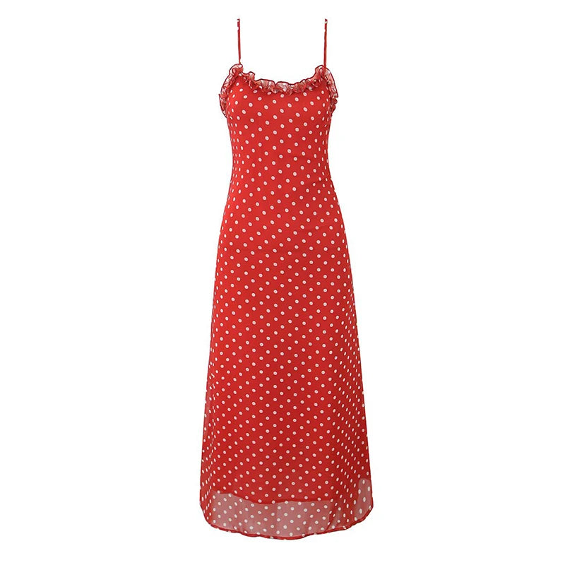 New Women Polka Dot Red Sexy Long Dreses Ruffle O Neck A-line Midi Summer Party Dressess Holiday Robe