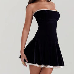 Black Strapless Christmas Dress Sexy A Line Vintage Velvet Party Mini Dresses Elegant Women Dresses