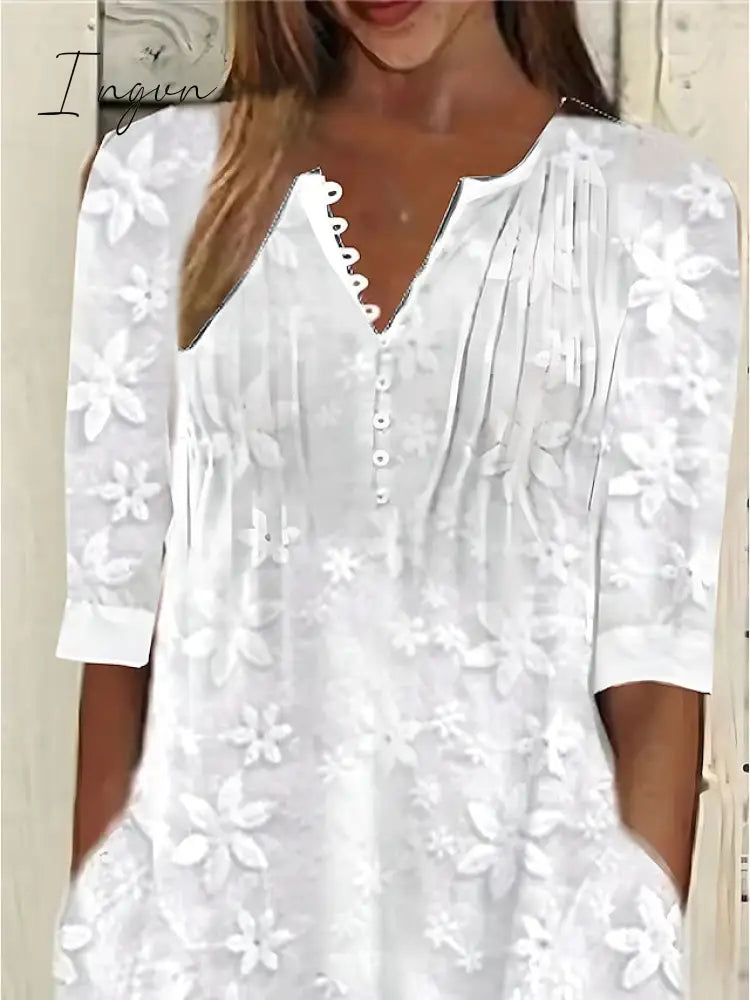 Ingvn - Women's Cotton Linen Dress Casual Dress Midi Dress Cotton Casual Mature Outdoor Daily Vacation V Neck Ruched Pocket Half Sleeve Summer Spring Fall 2023 Loose Fit White Blue Green Plain S M L XL 2XL