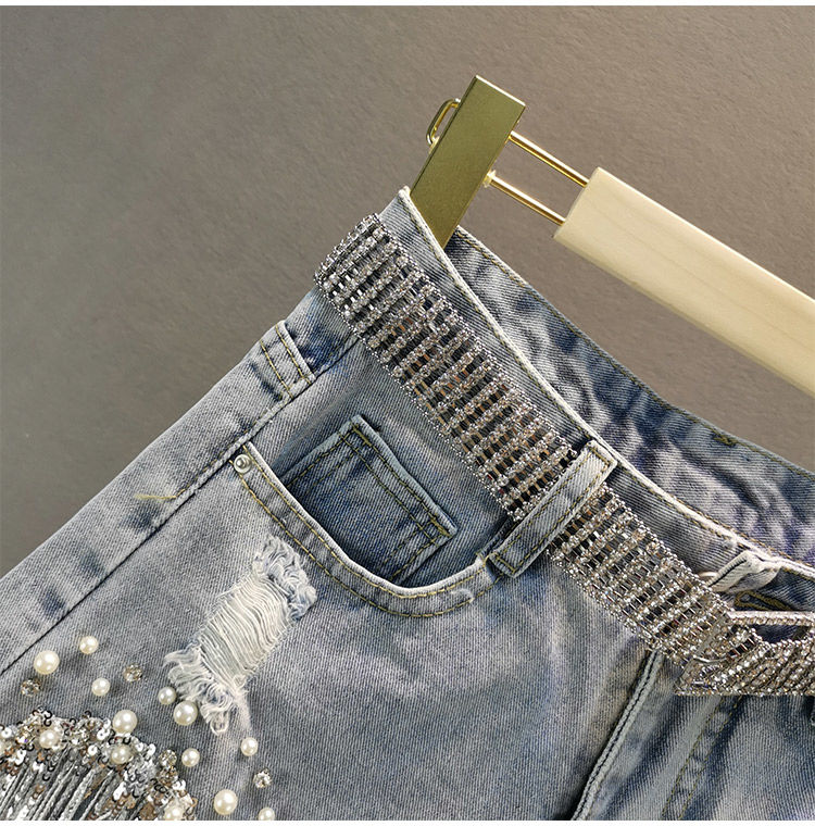 S-5XL Waist Beads Tassel Women'S Denim Shorts Summer Beading Wide Leg Thin Oversized Jeans Korean Streetwear Women Clothes