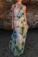 Ingvn - Sexy Gradual Change Print Backless Scarf Collar Sleeveless Two Pieces