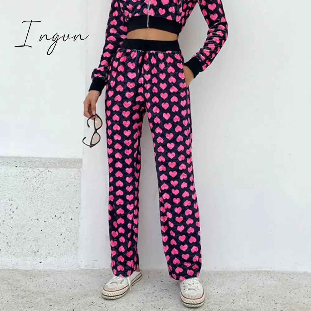 Ingvn - Y2K Pink Pants Heart Printed Sweet Trousers Vintage Aesthetic Party Pants Pockets Joggers Festival Outfits Women New