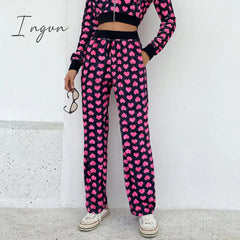 Ingvn - Y2K Pink Pants Heart Printed Sweet Trousers Vintage Aesthetic Party Pants Pockets Joggers Festival Outfits Women New