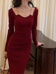 Sexy Women Bodycon Slim Midi Dress Autumn Casual Black Red Evening Party Club Chic Vestidos Female Birthday Robe Clothings