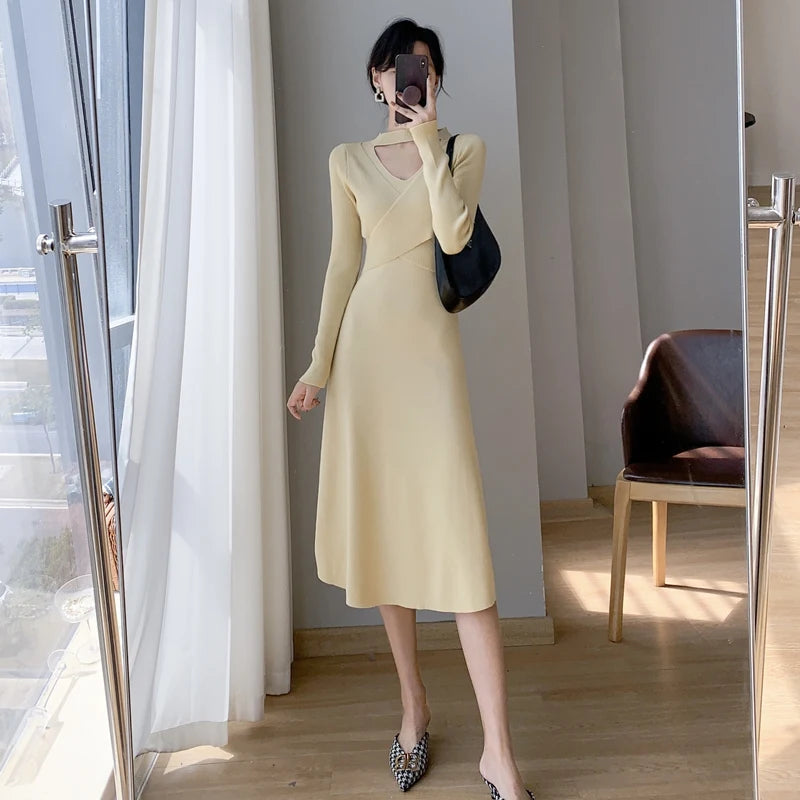 Sexy Evening Party Dress Sleeveless Solid A-line Long Knitted Dresses for Women Autumn Korean Prom Robe Vestidos Mujer New
