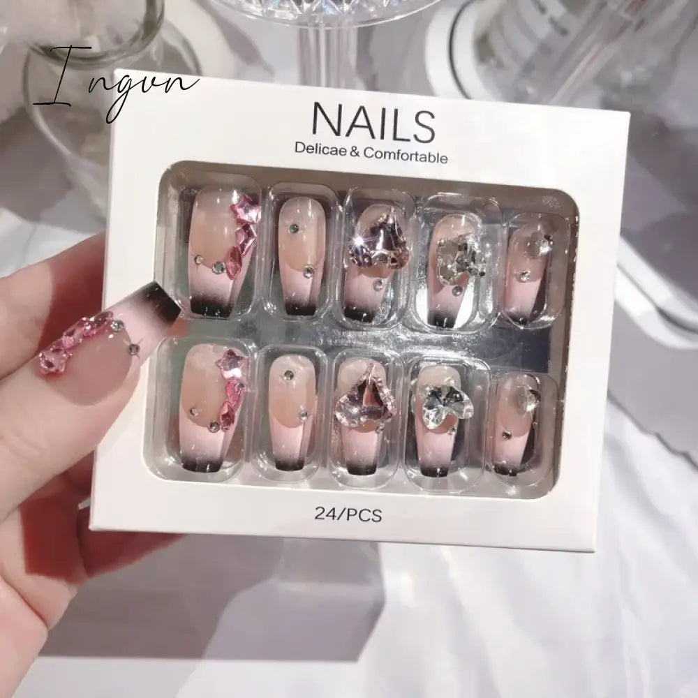 24PCS/Set Long Oval False Nails 3D Heart Sparkling French Press On Nails Pink Full Cover Fake Nail Crystal Gem Design Nails Tips