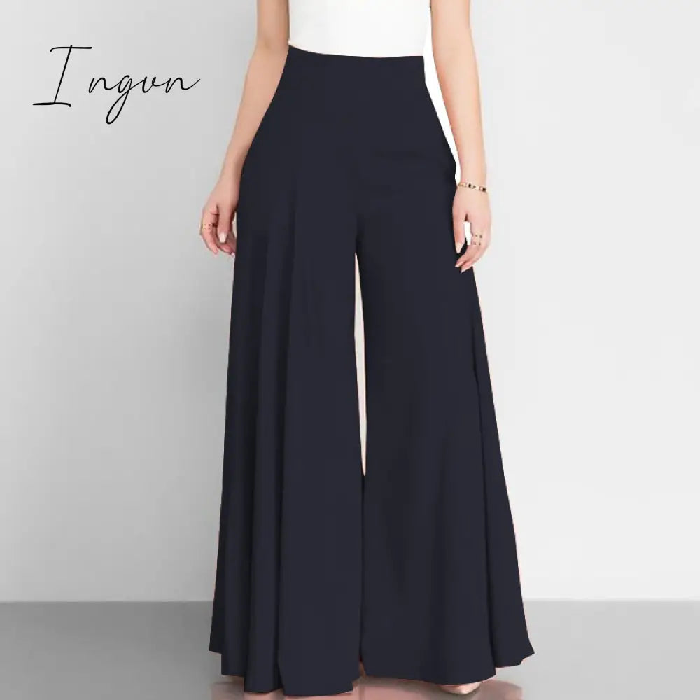Ingvn - Women Elegant High Waist Wide Leg Pants Spring Vintage Flare Trousers Casual Solid Zipper Pantalon Female Palazzo