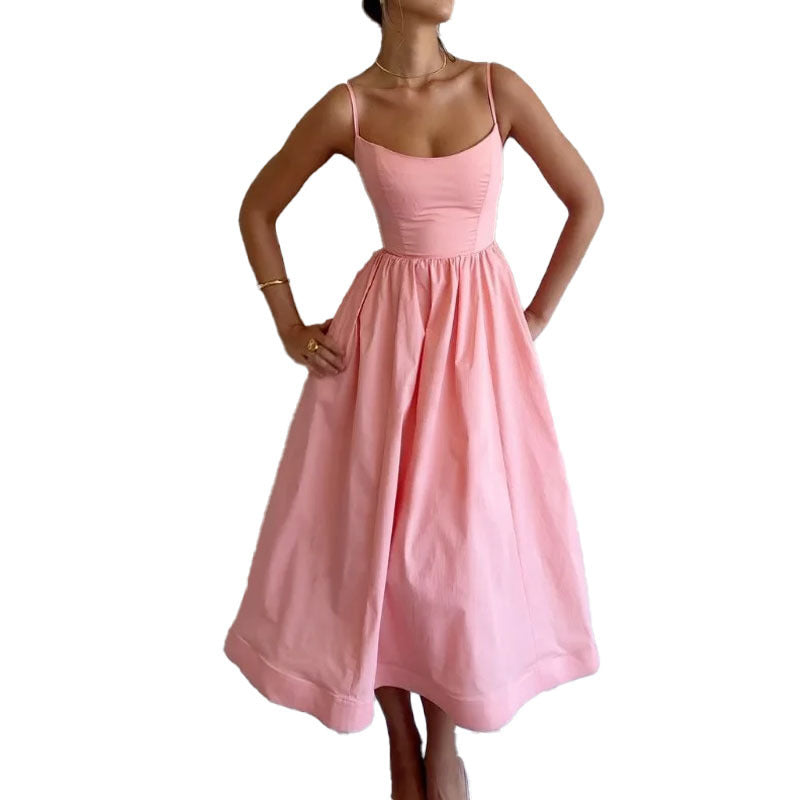Women's Trade Summer New Solid Color Sexy U-collar Waist Pleated Sling dress