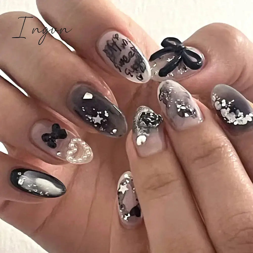 24pcs y2k Sliver Cool Fake Nails Goth Style 3D False Nail Patch Lady Women Wearable Detchable Artificial Nails Patches for Girls